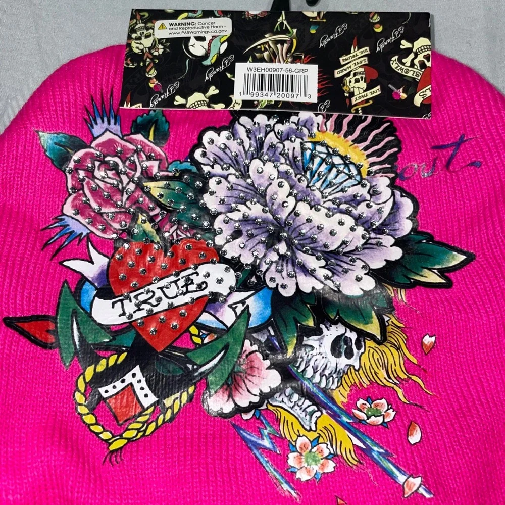 Ed Hardy 2 Pack Beanies Grey Tiger Pink Love Kills Slowly Rhinestone